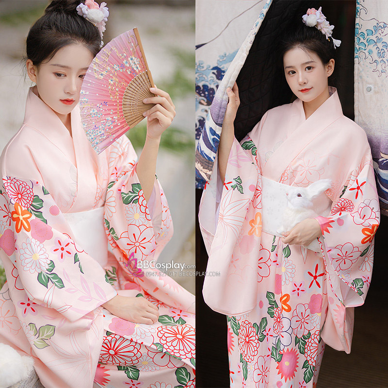 Áo Yukata Kimono Hồng Phấn Tặng Kèm Thắt Lưng