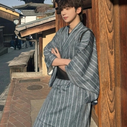 Nagagi Xám Đậm Kẻ Trắng - Yukata Nam Xám Sọc Trắng