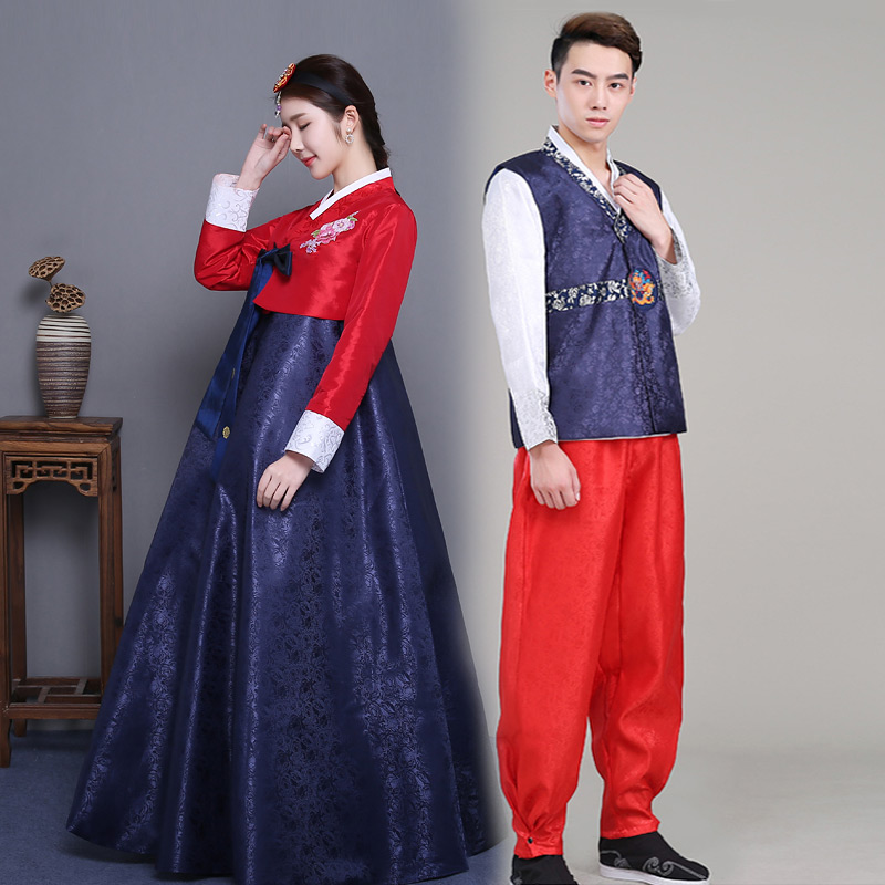 Cặp Hanbok Nam Nữ Tone Màu Đỏ Xanh Chụp Cưới