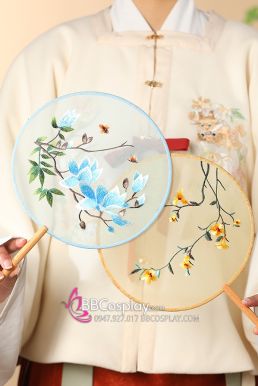 Quạt Hoa Thêu Cành Đào Trắng