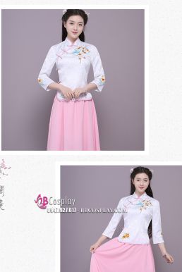 Bộ Sườn Xám Cách Tân Áo Trắng Váy Hồng Chụp Trung Thu