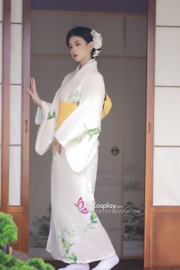 Áo Kimono Yukata Mùa Hè Trắng Kem Tặng Kèm Thắt Lưng