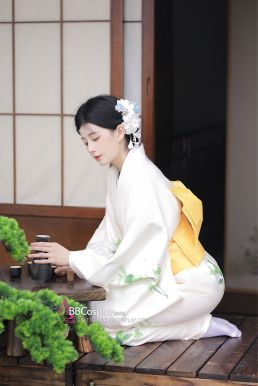 Áo Kimono Yukata Mùa Hè Trắng Kem Tặng Kèm Thắt Lưng