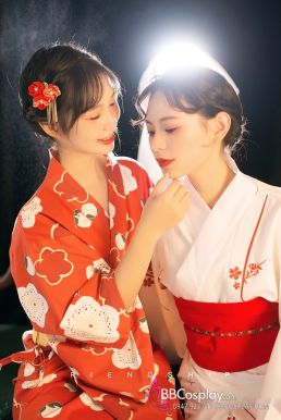 Áo Yukata Shiro Aka Nền Trắng Phối Đỏ Tặng Kèm Thắt Lưng