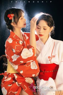 Áo Yukata Shiro Aka Nền Trắng Phối Đỏ Tặng Kèm Thắt Lưng