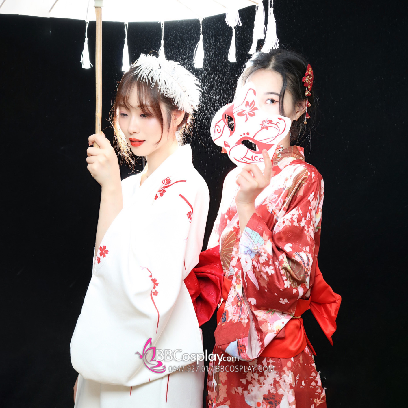 Áo Yukata Shiro Aka Nền Trắng Phối Đỏ Tặng Kèm Thắt Lưng