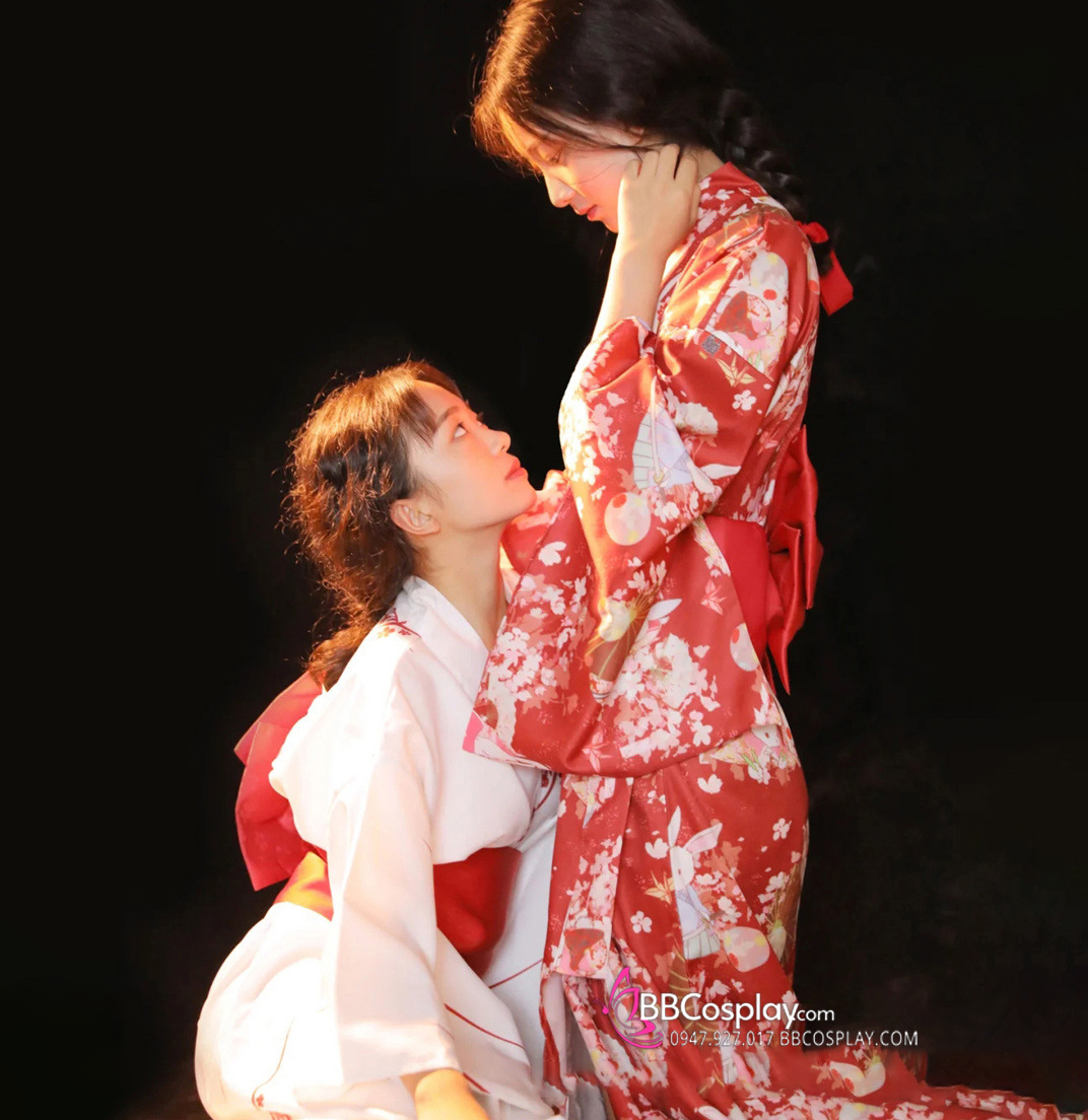 Áo Yukata Shiro Aka Nền Trắng Phối Đỏ Tặng Kèm Thắt Lưng