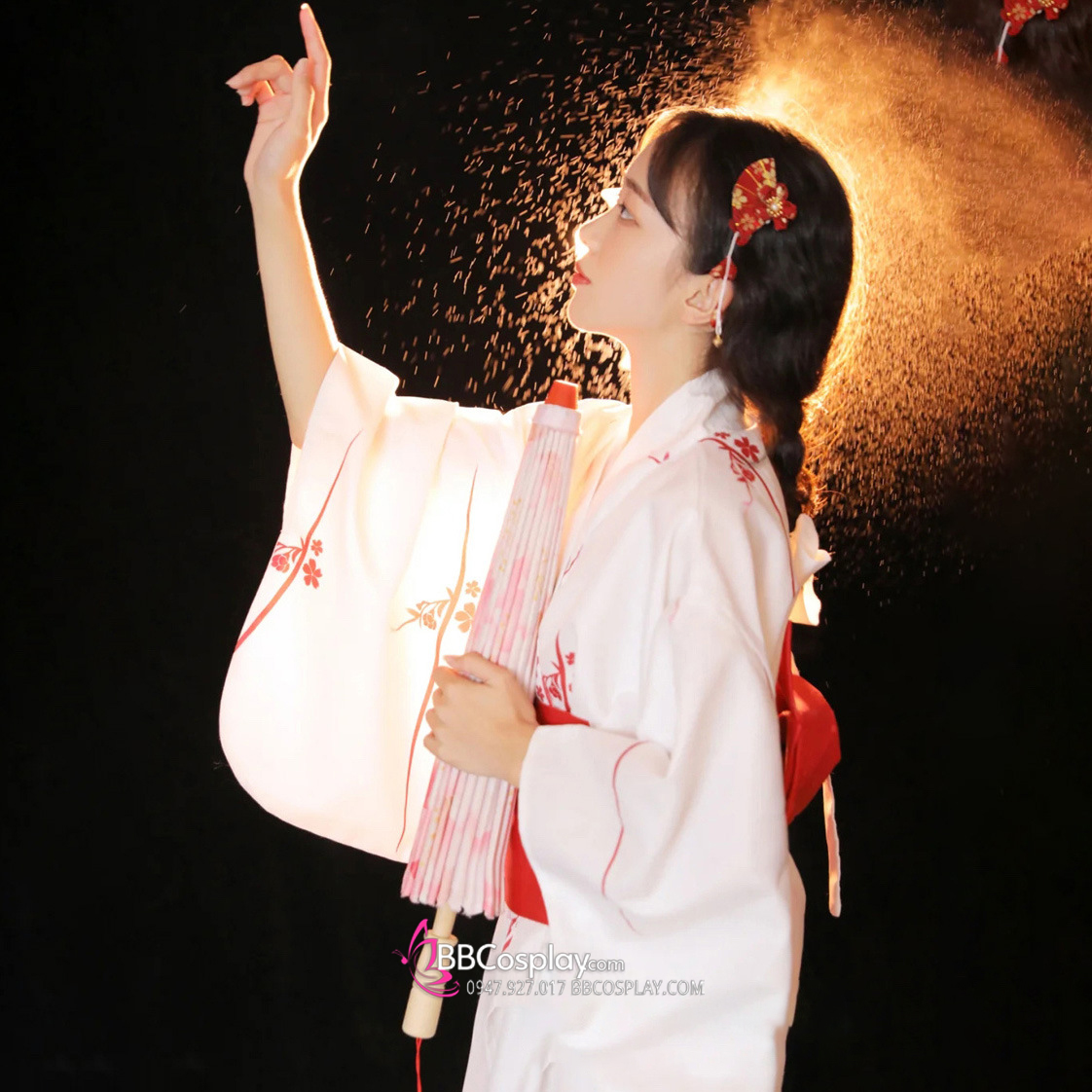 Áo Yukata Shiro Aka Nền Trắng Phối Đỏ Tặng Kèm Thắt Lưng