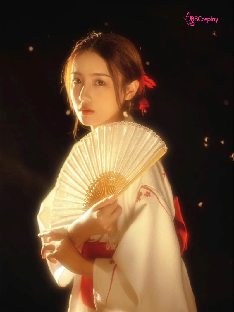 Áo Yukata Shiro Aka Nền Trắng Phối Đỏ Tặng Kèm Thắt Lưng