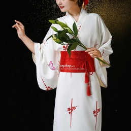 Áo Yukata Shiro Aka Nền Trắng Phối Đỏ Tặng Kèm Thắt Lưng