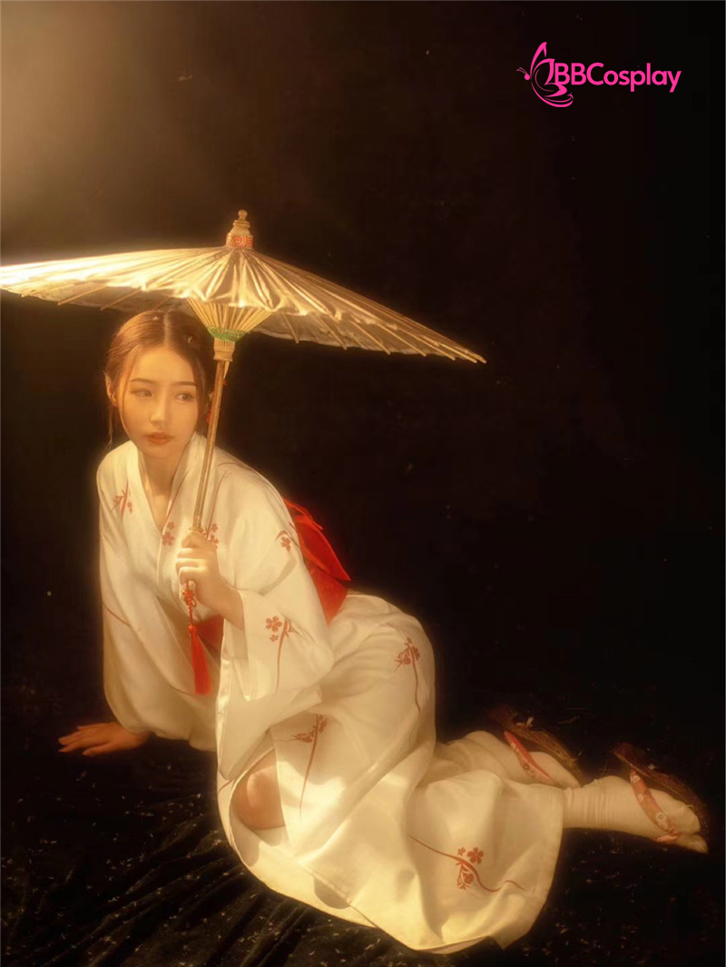 Áo Yukata Shiro Aka Nền Trắng Phối Đỏ Tặng Kèm Thắt Lưng