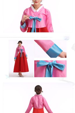 Hanbok Hàn Quốc Đơn Giản Áo Hồng Váy Đỏ Nơ Xanh