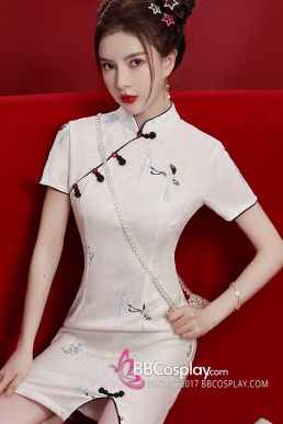 Sườn Xám Hạc Lưu Vân Trắng Thêu