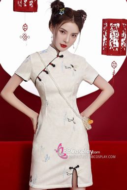 Sườn Xám Hạc Lưu Vân Trắng Thêu