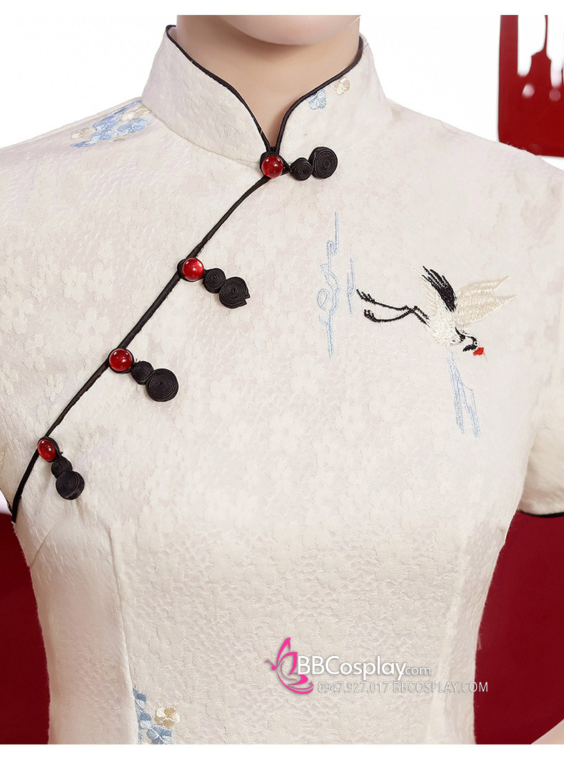 Sườn Xám Hạc Lưu Vân Trắng Thêu